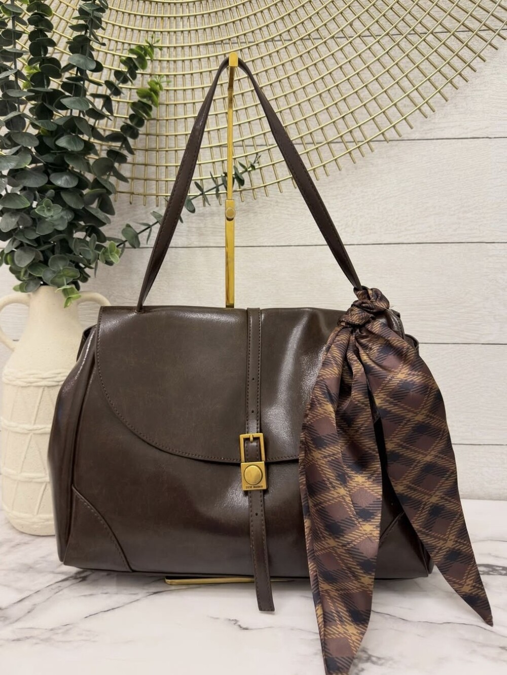 Steve Madden Dark Brown Leather Shoulder Bag with Plaid Scarf Accent